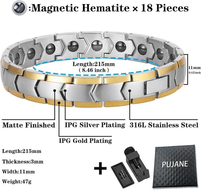 PUJANE Magnetic Hematite Bracelets for Men Women 316L Stainless Steel Power Balance Energy Magnets Stones Bracelet Jewelry Gift with Adjustment Tool - Image 2